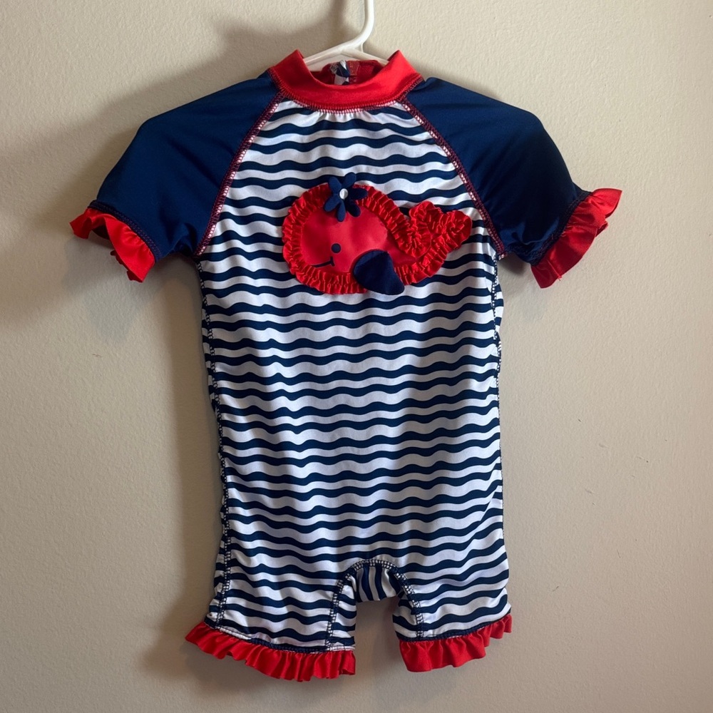 Girls Navy & Red Stripe One-Piece Rash Guard Swimsuit - wippette 12 month